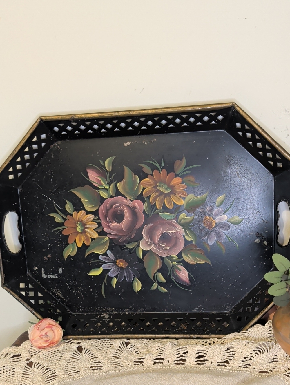 Vintage Tashco Hand Painted Toleware Tray 20” Floral Black Metal Pierced Edge